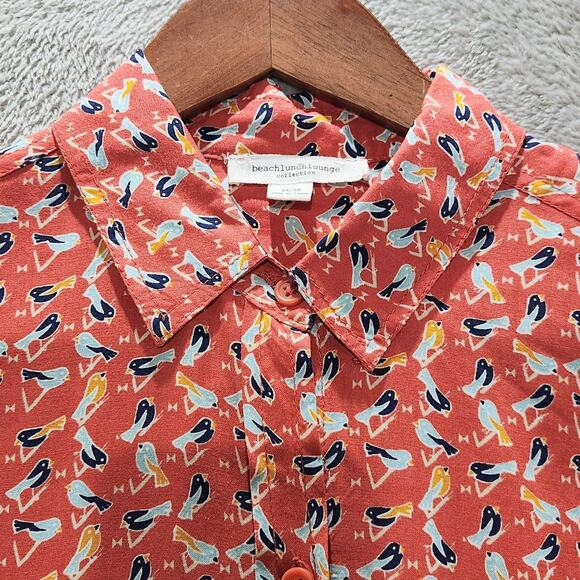 Beachlunchlounge Coral Birds Alanna Long Sleeve Button Up Blouse Size Medium - Picture 2 of 9